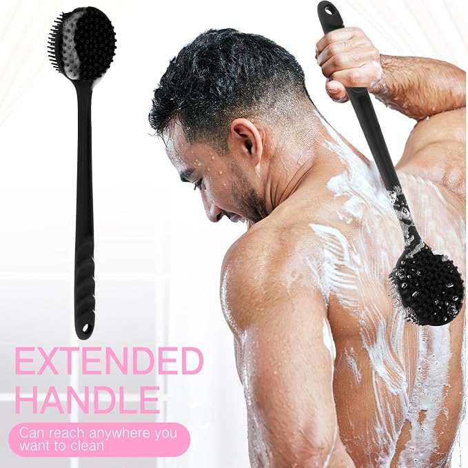Sunnyray 2 Pack Silicone Back Scrubber for Shower with 15" Long Handle Double-Sided Bath Body Brush for Exfoliating Easy to Clean Quick Dry Deep Cleaning Lathers Well(Pink,Black)