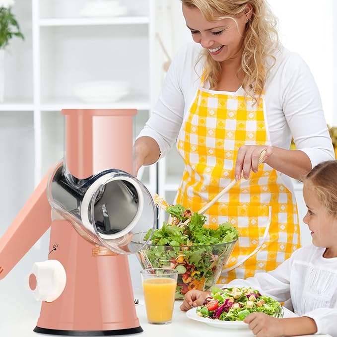 Ourokhome Rotary Cheese Grater Hand Crank, Kitchen Shredder Speed Mandolin Slicer Nuts Grinder with Handle and Drum Blades for Cheese, Vegetable, Walnuts, Chocolate, Potato, Carrot, 3 Blades, Pink