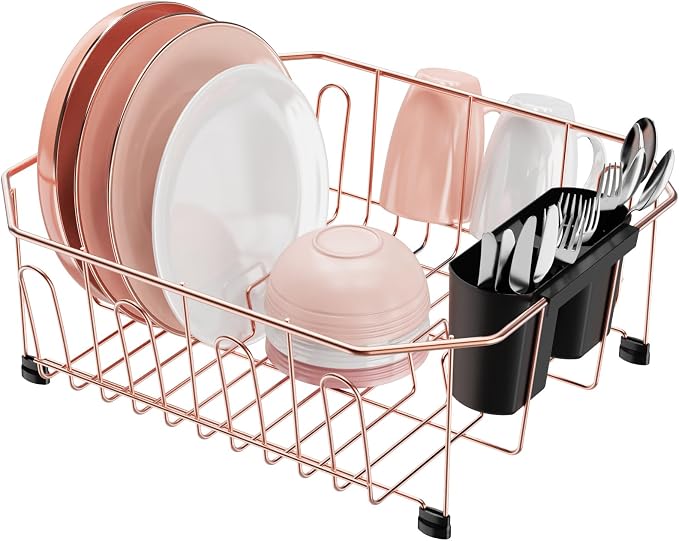 GSlife Small in Sink Dish Drying Rack - Stainless Steel Compact Dish Drainer for RV Kitchen Apartment Sink, Rust Resistant Inside Sink Rack, 1–2 Person Households, 13.1" W x 14.4" L, Rose Gold