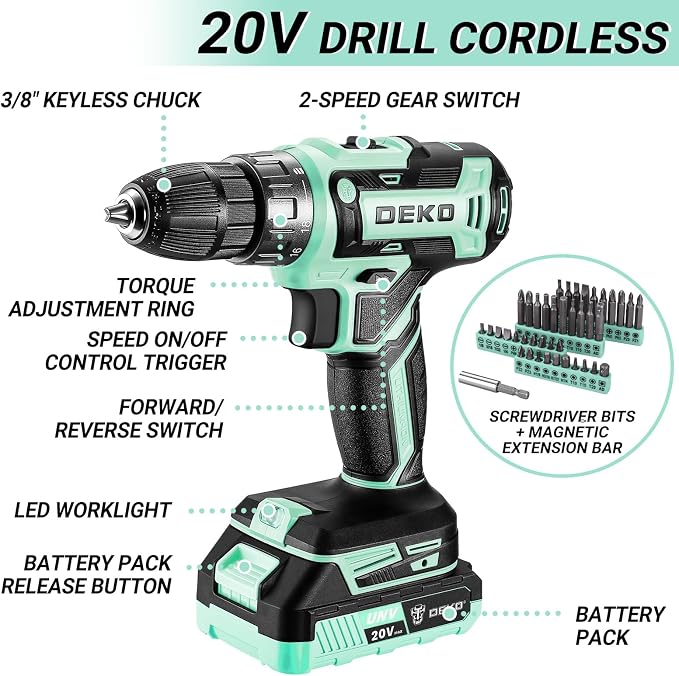 Drill Tool Kit Set: 20V Cordless Power Drill Tool Box with Battery Electric Drill Driver for Men Home Hand Repair Basic Toolbox Tools Sets Drills Case, Turquoise