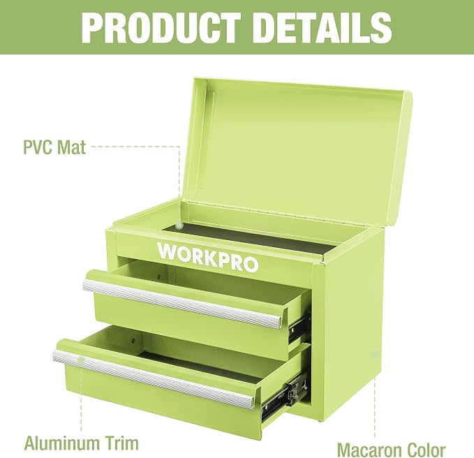 WORKPRO Metal Mini Tool Box with 2 Drawers and Top Storage | Cold Rolled Steel Toolbox, Ball Bearing Slides, PVC Drawer Liners, PP Feet Pads, Durable Storage