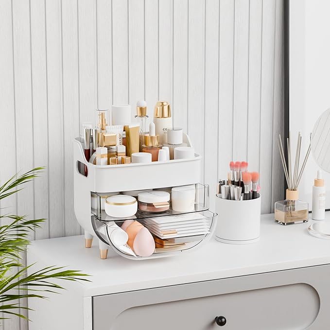Yieach Countertop Makeup Organizers with Drawers and Handle,Large Cosmetic Organizer for Bathroom Vanity and Dressing,White Cosmetic Display Cases for Hair Tool,Beauty Products,Skin Care Organizer