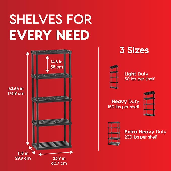 IRIS USA Plastic Storage Shelves |Made in USA| 64"H x 24"W x 12"D - Black | Light Duty Rack Organizer, 250lb Total Capacity, 50lb Per Shelf, Shelving Unit for Bathroom, Laundry, Home & Pantry