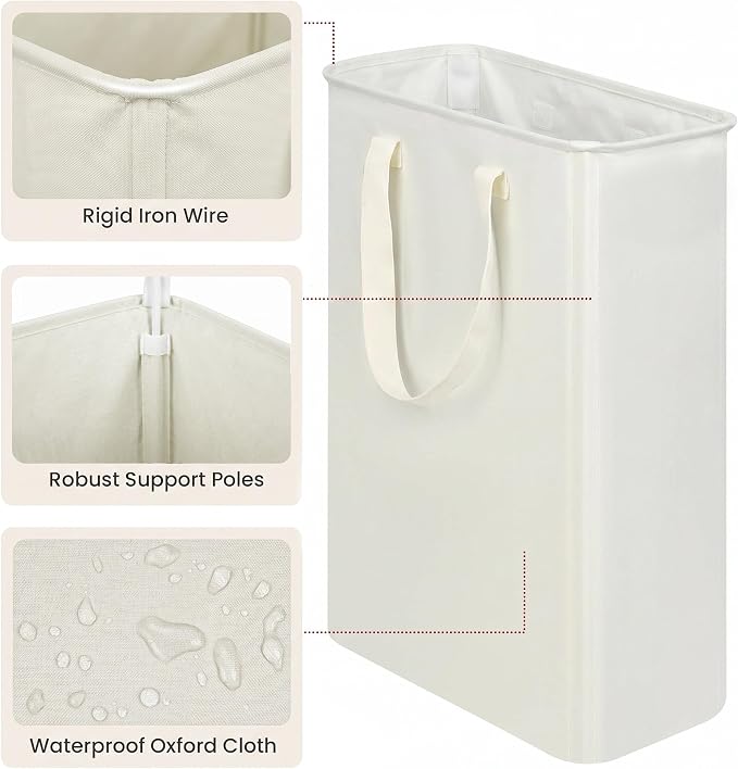 efluky 2 Pack Slim Laundry Basket, Narrow Laundry Hamper with Handles, Collapsible Dirty Clothes Hamper, Tall Laundry Bin for Laundry Room, Dorm and Bedroom, 50L Beige