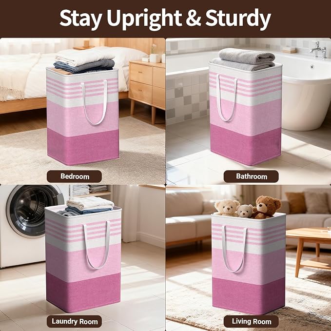 WOWBOX 2 Pack Laundry Baskets, Laundry Hampers, Freestanding Dirty Clothes Hampers with Reinforced Handles & Cross Stitch & Waterproof Coating, for Laundry Bedroom Bathroom Dorm,75L Pink