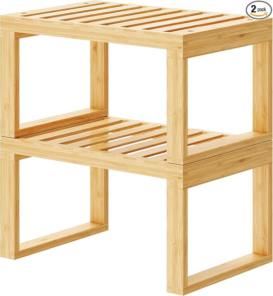 Tomorotec Bamboo Cabinet Organizer Shelf, 2 Pack Stackable Kitchen Counter | Slatted Drainage Top Prevents Water Buildup For Wet Dishes and Bathroom Use Eco Friendly Material Easy Assembly