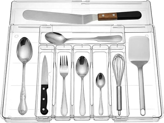 Expandable Utensil Drawer Organizer, Clear Plastic Silverware Tray for Drawers 9 Compartments Adjustable Non-Slip Drawer Storage Organizer for Tableware Knives Forks Spoons Tools Stationery