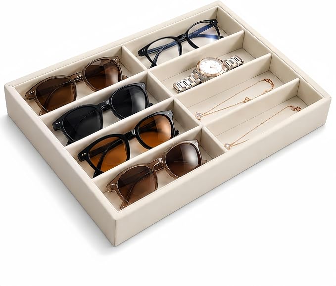 Amzlink® Sunglass Organizer Tray, 8 Slot Velvet Glasses Holder for Eyeglasses, Sunglasses, Jewelry & Watch Display, Men's/Women's Drawer Dresser Vanity Nightstand Storage, Beige