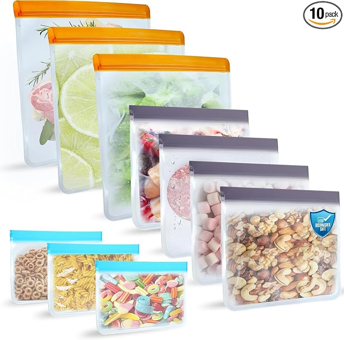 10 Pack Dishwasher Safe Reusable Bags, Leakproof Reusable Freezer Bags, BPA Free Food Storage Bags for Lunch, Marinate and Travel, 3 Gallon, 4 Sandwich, 3 Snack Bags