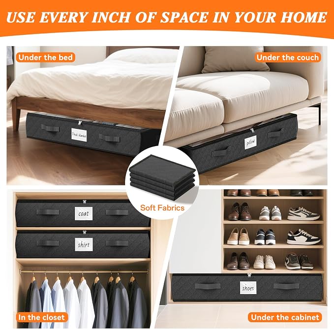 90L Under Bed Storage Containers, Storage Bags, Organizers, 2-Pack, Black | Foldable, Soft Fabric, Closet Organizers, Reinforced Handle, Label Holder, Clear Window, for Comforters, Clothing, Blankets