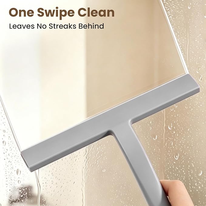 Shower Squeegee for Glass Doors - 10 Inch Bathroom Squeegee with Ergonomic Round Grip, Built-in Hook, Streak-Free No-Squeak Silicone Blade for Shower Glass, Tile Walls, Mirrors & Windows, Grey