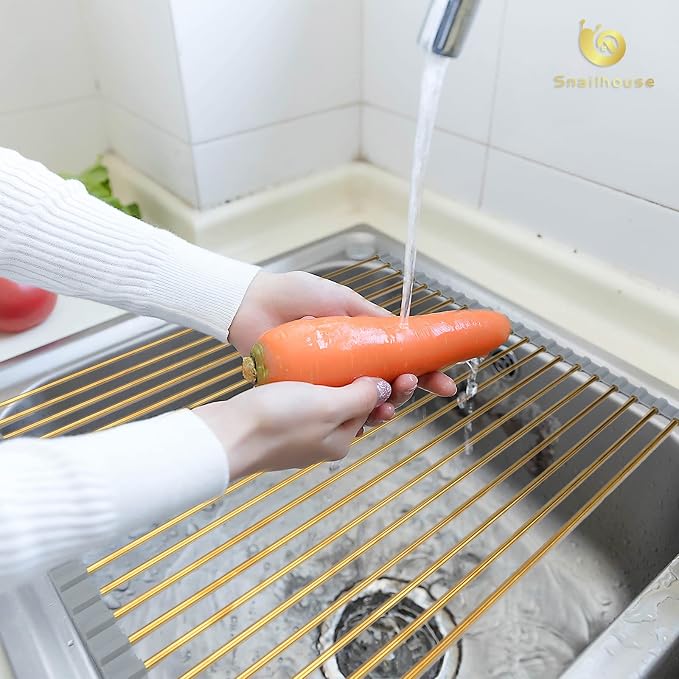 Snailhouse Roll Up Dish Drying Rack, Stainless Steel Dish Drainer Over The Sink with Anti-Slip Silicone for Kitchen Counter, Gold (17.8 x 11.8 in) | Stainless Steel Dish Drainer Over the Sink with Anti-Slip Silicone