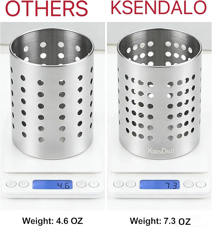 KSENDALO SUS304 Small Stainless Steel Utensil Holder for Countertop, Silver | 18/8 Stainless Silverware Utensil Drying Rack, Sturdy Rust Resistant, 5.32inch Tall, Dishwasher Safe
