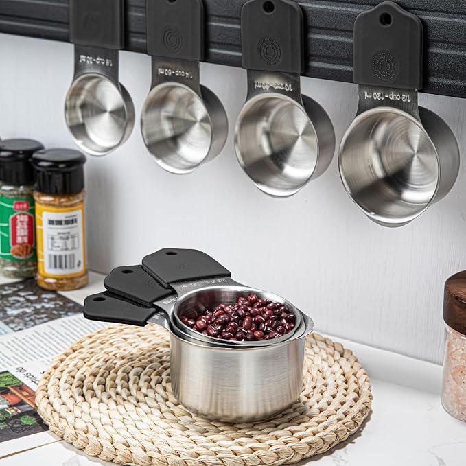 Magnetic Measuring Cups and Spoons Set, 7 Stainless Steel Measuring Cups and 7 Rectangular Metal Teaspoon with 1 Leveler for Cooking & Baking (Black)