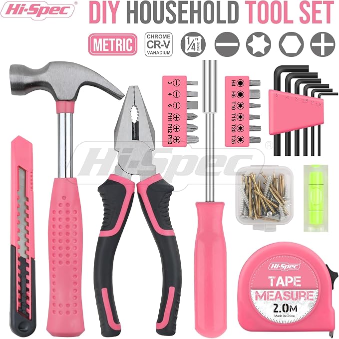 Hi-Spec Tool Set 25pc Pink Household DIY Tool Kit for Women. Small Mini Tool Box Set of Starter Basic Ladies Tools | 25pc, Household quick repair and maintenance, starter tool kit, mini tool set, ladies portable toolbox, DIY Gift