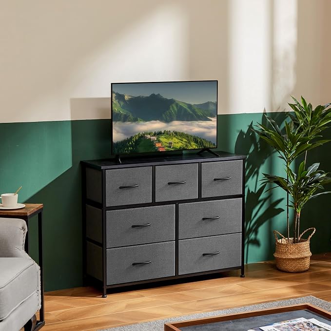 OLIXIS 7 Drawers Fabric Dresser for Bedroom, Storage Tower Organizer | Living Room & Entryway, Sturdy Steel Frame, Wooden Top & Easy-Pull Bins, Closet Chest for Clothes, Classic Grey