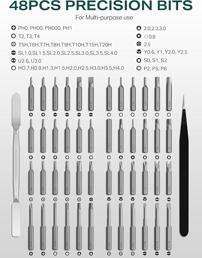 Mini Electric Screwdriver Set, 52-in-1 Precision Screwdriver Repair Kit | Power Small Screwdriver Repair Tool Kit with 48 Magnetic Bits, Tweezers and Pry Bar for Laptop Phone Camera Electronics