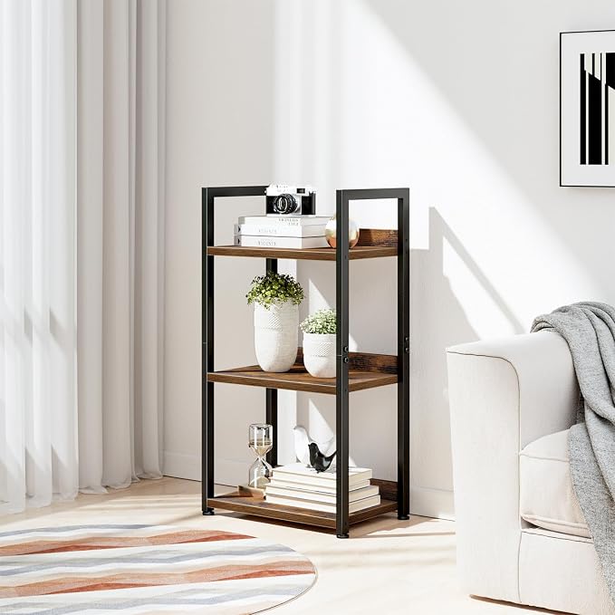 NUMENN Narrow Bookshelf, 3 Tier Freestanding Shelving Unit, Vintage | Small Book Shelf for Small Spaces, Metal Frame & Wood Shelves, Falling Prevention Baffle, Bookcase for Bedroom&Home Office