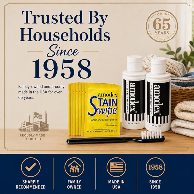 Amodex Ink & Stain Remover Arsenal, Safe and Effective on Clothes, Leather and Skin, Full Set for all your Stain Removal Needs, Includes 2 Bottles, 1 Brush, 10 Wipes