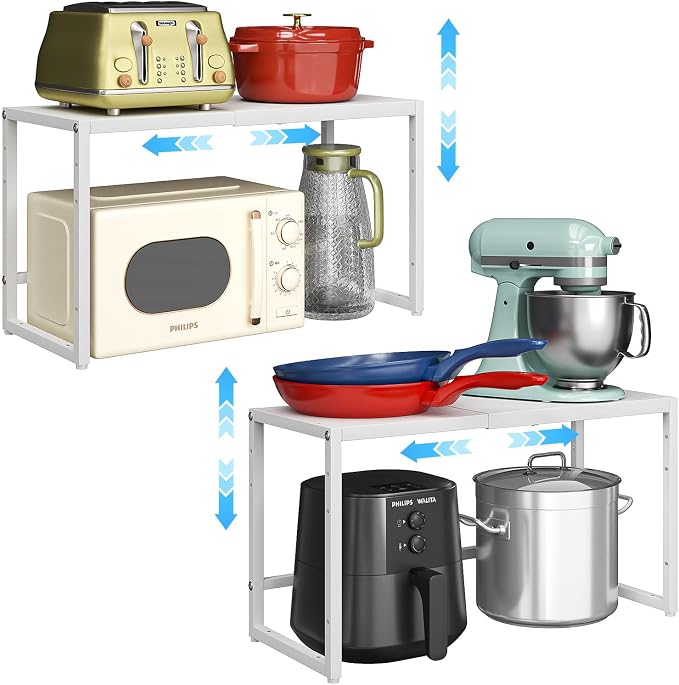 2 Pack Expandable Kitchen Storage Shelves,110LBS Heavy Duty Metal Shelving Unit and Storage for Pot Pans,Adjustable Stackble Small Storage Shelf Organizer for Kitchen Under Cabinet Pantry Garage,White