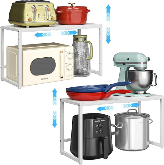 2 Pack Expandable Kitchen Storage Shelves,110LBS Heavy Duty Metal Shelving Unit and Storage for Pot Pans,Adjustable Stackble Small Storage Shelf Organizer for Kitchen Under Cabinet Pantry Garage,White