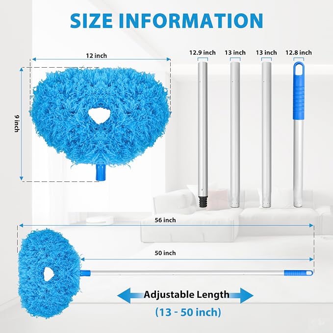 FONUNO Ceiling Fan Cleaner Duster High Ceiling Extended Fan Blade Cleaner | Reusable Microfiber Ceiling Fan Duster with Extension Handle from 13 to 50 Inch for Furniture Bookshelves Wall Door, Blue