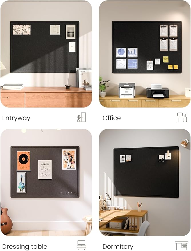 Fluxynara 47.2" x 35.4" Large Bulletin Board, Black | Cork Board Alternative with 24 Removable Adhesive Tabs, Foldable Felt Pin Board for Home, Office, Classroom & Dorm