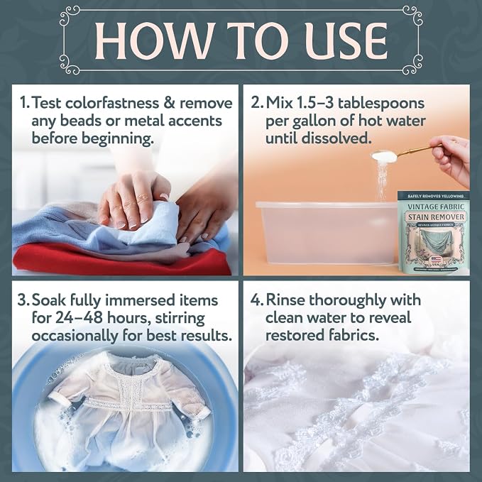 Vintage Fabric Stain Remover & Restoration Soak for Antique Quilts & Linens | 15oz, Cleans Retro Fabric, Gently Removes Yellowing & Tough Stains, Safe for Vintage Textiles, Doilies & Dresses, Made in USA