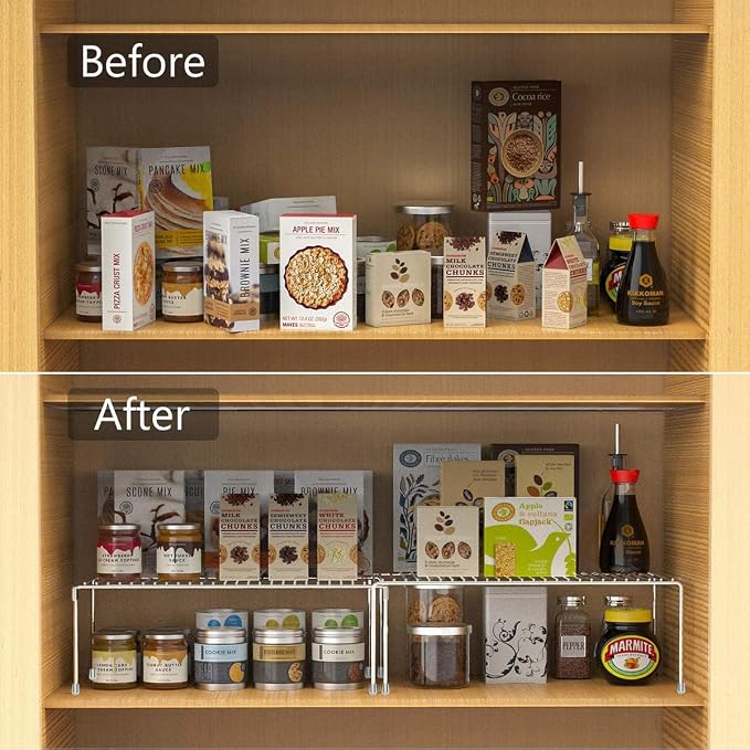 Set of 4 Kitchen Cabinet Organizer Shelves, Stackable Organizer and Storage for Cabinet Cupboard, Expandable Shelf Risers Plate Rack with Anti-slip Plastic Liner