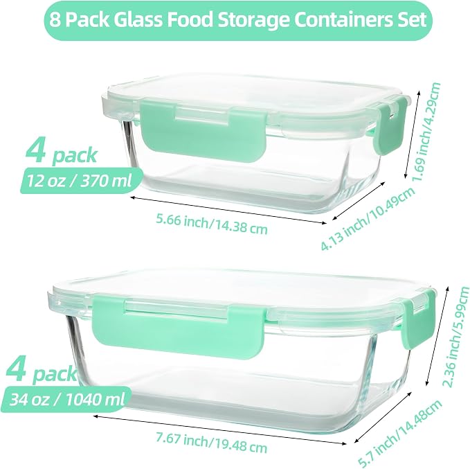 16PCS (8 Bowls + 8 Lids) High Borosilicate Glass Meal Prep Containers, Food Storage Containers with Airtight Lids, Glass Lunch Bento Boxes, Dishwasher Safe, mint