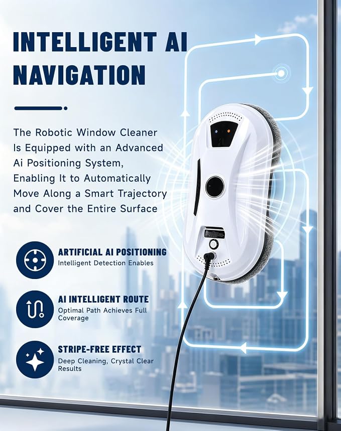 Window Cleaning Robot, Robot Window Cleaner with AI Intelligent Positioning & Edge Detection & Powerful Suction, Anti-Drop Safety for High-Rise Glass & Large Bay Windows