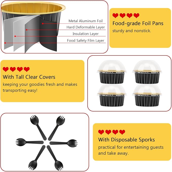 5oz Mini Cake Baking Pans with Lids 100 Pack,LNYZQUS Disposable Aluminum Cupcake Pan Small Muffin Tins,Mini Foil Baking Cups Containers for Custard Creme Brulee-Black