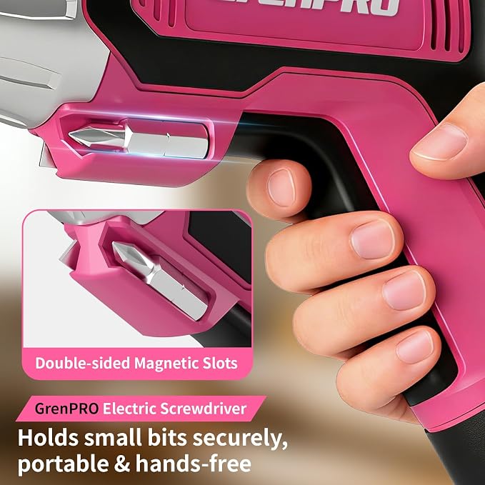 GRENPRO 4V Cordless Electric Screwdriver Set 29-Piece, Pink | Built-In Non-Removable Battery Charges via USB, Not Sold Separately, Included Bits Support Home Repairs and Assembly