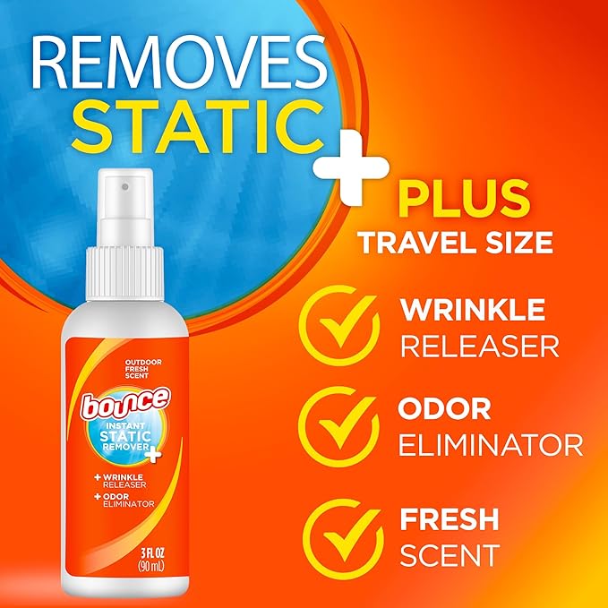 Bounce Anti Static Spray, 3 in 1 Anti Static & Instant Wrinkle Release, Odor Eliminator & Fabric Refresher, Rapid Touch Travel Spray (3 Oz, Pack of 1)