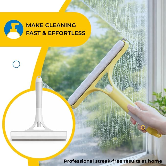 3-in-1 Window Squeegee with Spray Bottle, Handheld Glass Cleaning Tool with Microfiber Scrubber and Silicone Blade, Refillable Window Cleaner for Mirrors, Shower Doors, Tiles & Car Windows (Blue)