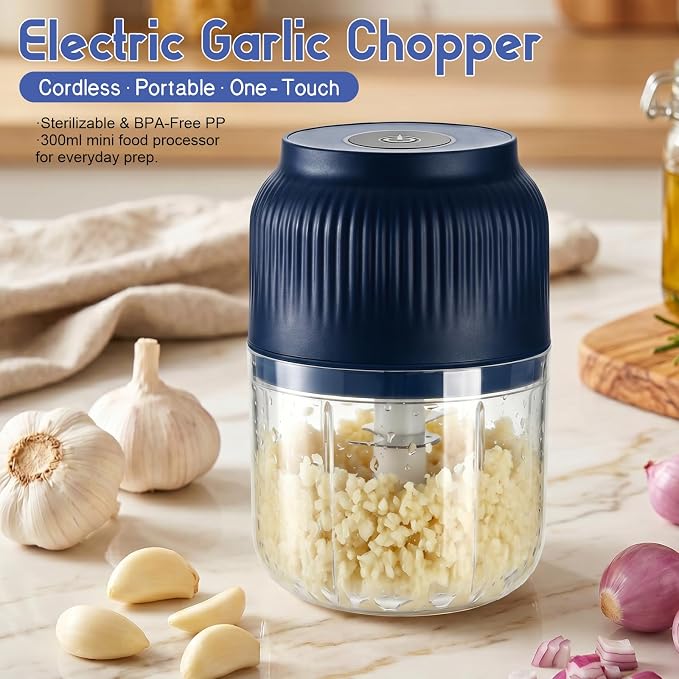 Electric Garlic Chopper, 2026 New Mini Food Processor & Food Chopper for Kitchen, Portable Cordless Garlic Mincer with 4 Stainless Steel Blades, Small Vegetable Chopper for Onion Salad (300ML Blue)