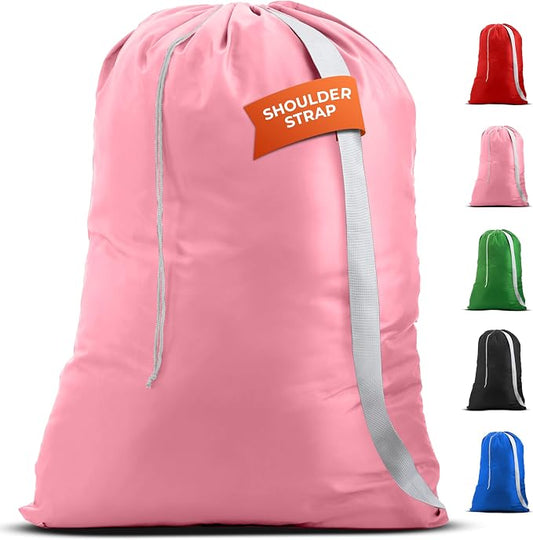 Handy Laundry Bag with Shoulder Strap 30"x40", Extra Large, Pink | Extra Large 30x40 Laundry Bag, Shoulder Strap, Drawstring Locking Closure, Heavy Duty for College Dorm Travel Camp, Pink
