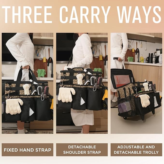 SCAVATA Rolling Cleaning Caddy Bag with Detachable Trolley, Large Cleaning Supplies Organizer with Wheels, Multi-Pocket Cleaning Cart with Adjustable Shoulder Strap for Housekeepers (Leopard)