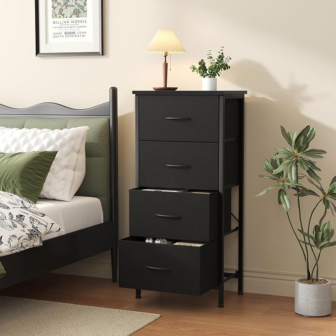 Sweetcrispy Dresser for Bedroom, 4 Drawer Storage Cabinet, Tall Nightstand | Small Fabric Black Dresser for Closet, Chest of Drawers, Closet Organizer, Home Furniture, Sturdy Frame