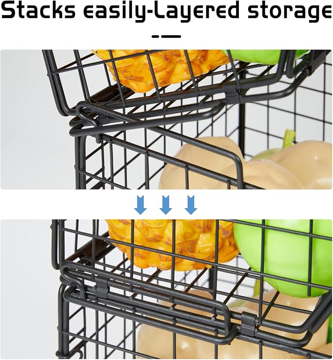 2-Tier Potato and Onion Storage Bin, Stackable Wire Baskets for Countertop | Large Fruit and Vegetable Storage, Wall-Mount Kitchen Pantry Organizer with Ventilated Mesh to Keep Produce Fresh for Cabinet