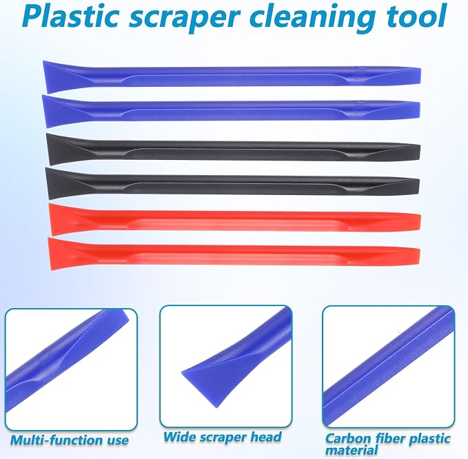 18 Pcs Non-Scratch Plastic Scraper, Cleaning Tool Crevice Cleaning Tool Multi-Purpose Label Scraper Remover Tools for Paint, Stickers Label, Oil Stains, Tight Spaces, Crevices (Black, Blue, Orange)