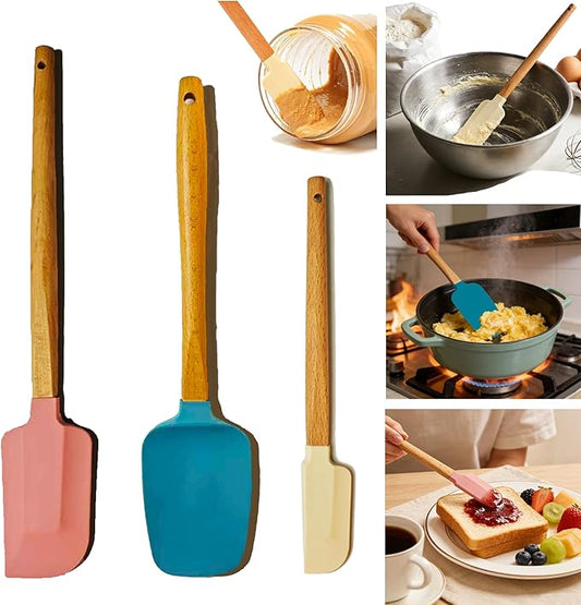 3PCS Heat Resistant Silicone Spatula Set, Silicone Spatula with Wooden Handle, Silicone Spatula Wooden Handle, Spatulas Silicone Heat Resistant Wood, Rubber Spatula for Baking Non-Stick Cooking Mixing