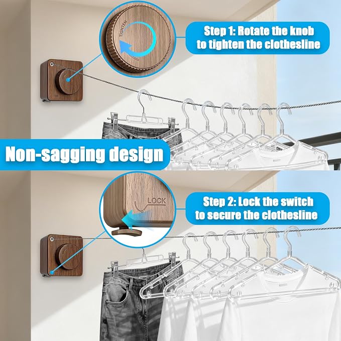 Retractable Clothesline Indoor Outdoor 17.4Ft Non-Sag (1, Dark Wood Grain) | Stainless Steel Heavy Duty Design Laundry Wash Line with Wall Mounted, Space-Saving Drying Rack for Bathroom, Balcony