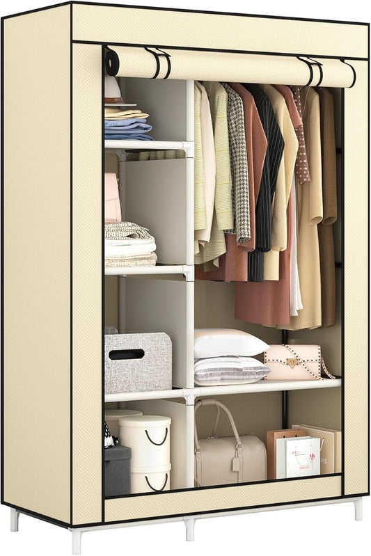 Calmootey Portable Closet Organizers, Clothing Storage, Wardrobe with 6 Shelves and Hanging Rod, Non-Woven Fabric Cover with 4 Side Pockets, Beige