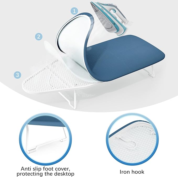Small Ironing Board Tabletop with Heat Resistant Cover, Compact Mini Ironing Board with Metal mesh Frame,for Dorm,Apartment and Travel, Hook for Hanging, Iron Board 12x30, Iron Table Stand Pure Blue