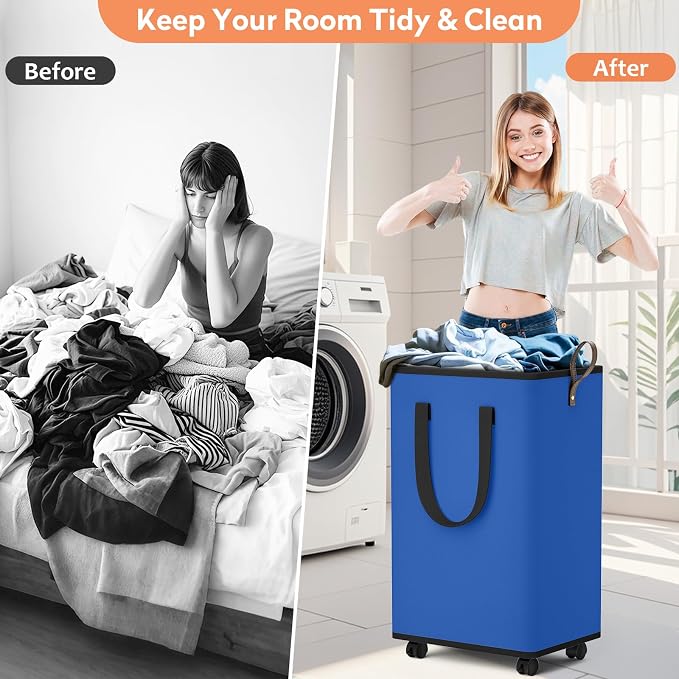 SpaceTrove Rolling Laundry Basket with Wheels, Laundry Hamper, 80L, Blue | Collapsible, 4 detachable wheels including 2 with brakes, sturdy handle, metal frame, for dorms, bathrooms and bedrooms