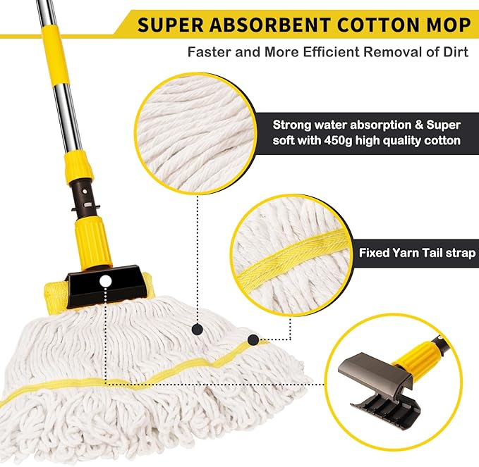 Professional Commercial Mop Industrial Heavy Duty Mop with 54" Long Handle ,Wet Mop for Home,Workshop,Garage Floors Cleaning,with 53'' Stainless Steel Mop Handle,Yellow