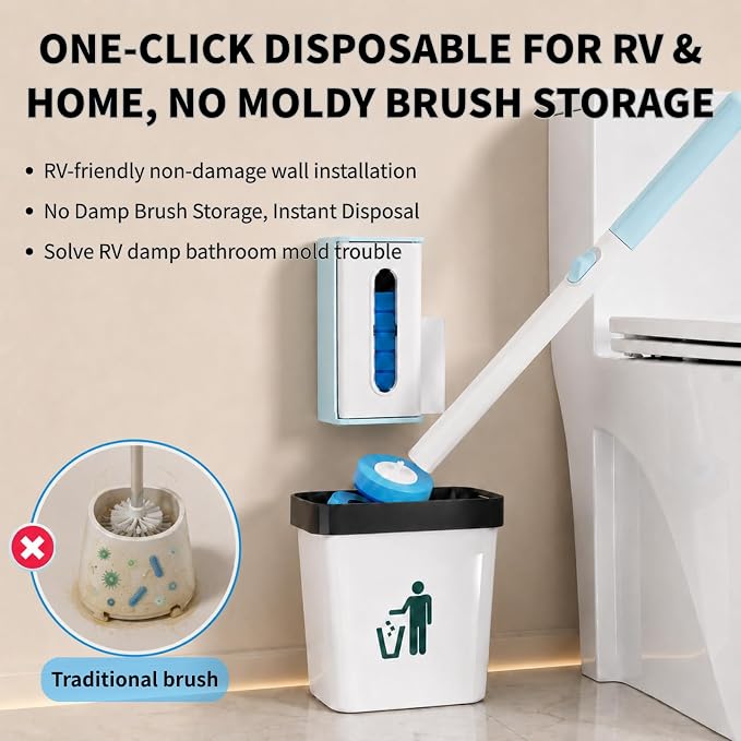 RV Toilet Brush, Wall Mount Bath Cleaning Brush Set, 16 Cleaner Refill | Hands-Free Toilet Bowl Wand Kit, Cleaning System Starter Kit, Bathroom Cleaning System for RV, Sink, Bathtub, Wash Basin