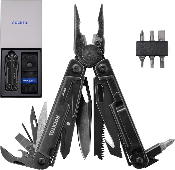 Gen-R RB Multitool Pliers, VG10 Blade, 27-in-1 Multi-tool, EDC Pocket Knife, Retro Black Finish, Precision Screwdriver, Gut Hook for Hunting, Backpacking, Hiking, Camping
