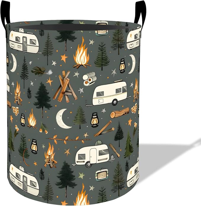 Camping Trailer Laundry Basket Hamper 19.7"x15.8", Organizer Bins Gifts for Kids Boys Girls, Retro Camper Foldable Waterproof Oxford Clothes Storage Bucket for Bedroom Bathroom Decor